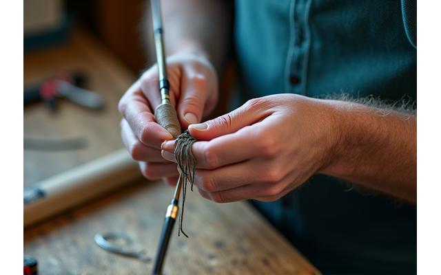 Experienced rod builder meticulously wrapping a rod blank.