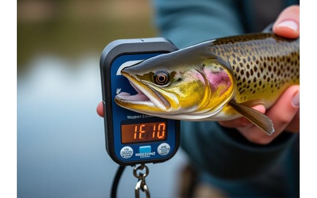 A digital fishing scale displaying a weight reading, with a large fish being held from its mouth by the scale's hook.