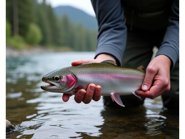 Angler celebrating with a beautiful wild steelhead in a clear BC river, expertly handled