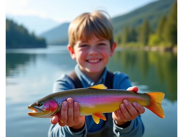 Young angler proudly holding a large rainbow trout caught on a guided lake trip, beaming with excitement