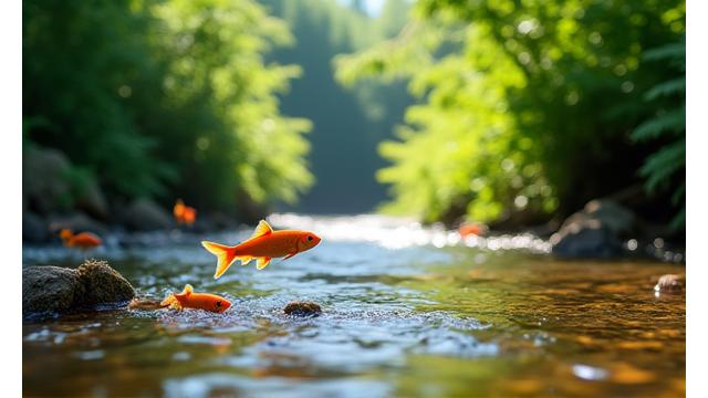 A clear stream with healthy fish swimming, a backdrop of vibrant green forest, and subtle imagery of cleaned up litter, conveying ecological purity.