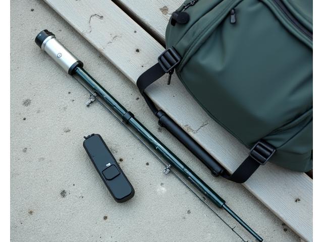 Compact telescoping fishing rod demonstrating its collapsed size next to a backpack